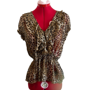 LL04 Brown and Black Leopard Print Ruffled Peplum Blouse